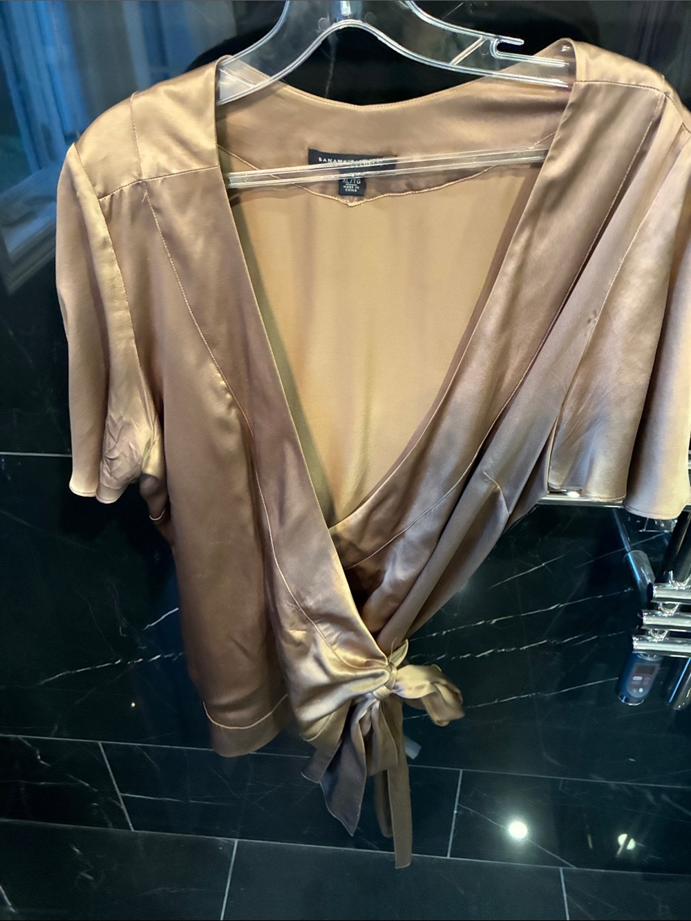 Banana Republic 100% Silk Satin Exterior Wrap Top - Taupe Tie Front